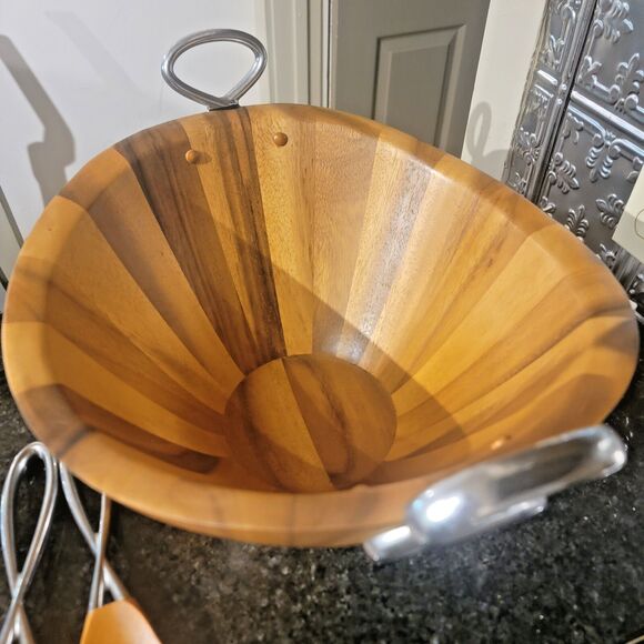 Luxury Nambe Acacia Wood Large Salad Serving Bowl Fork & Spoon Silver Accents - Picture 8 of 16